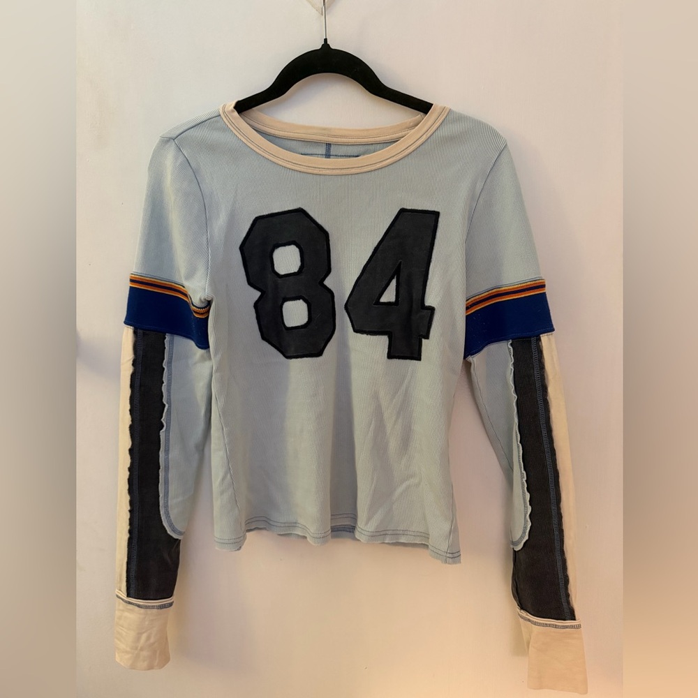 Free People Light Blue Long Sleeve Tee with 84 Graphic